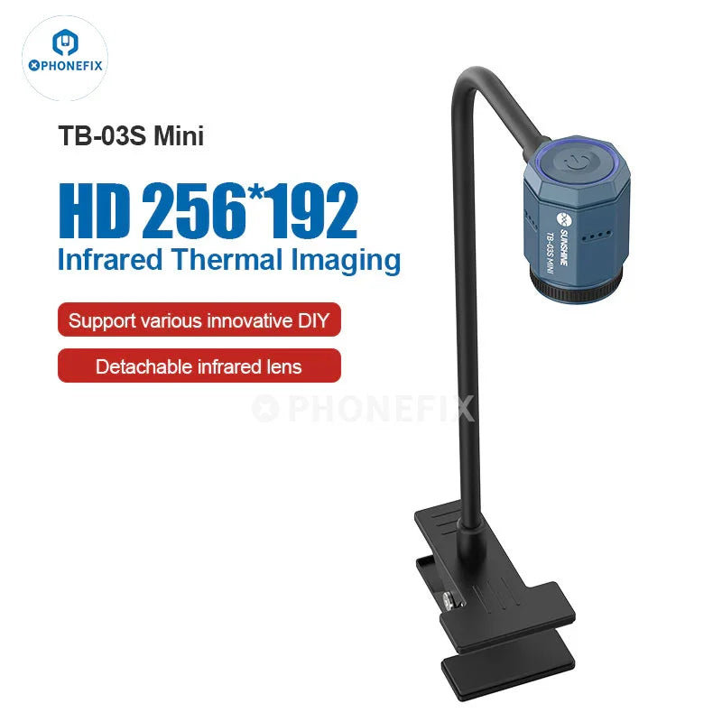 Infrared thermal camera by PHONEFIX, TB-03S-Mini model, used for PCB fault diagnosis with thermal imaging technology.