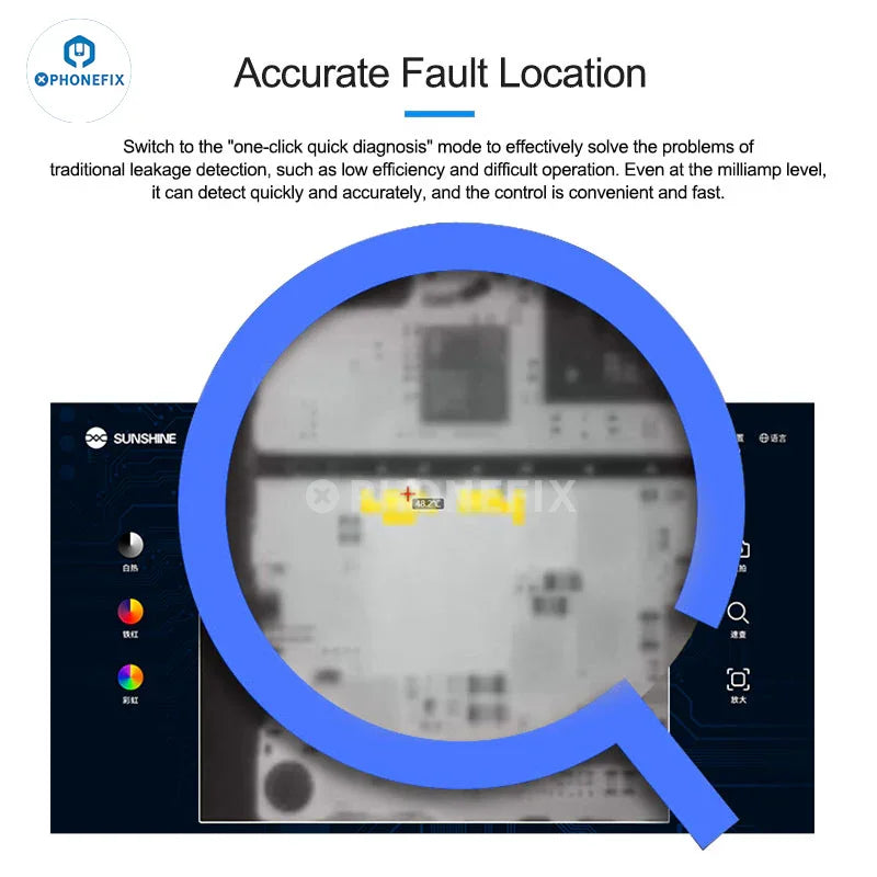 Compact TB-03S PHONEFIX infrared thermal imaging camera for PCB fault diagnosis, showing thermal image display on the device screen.