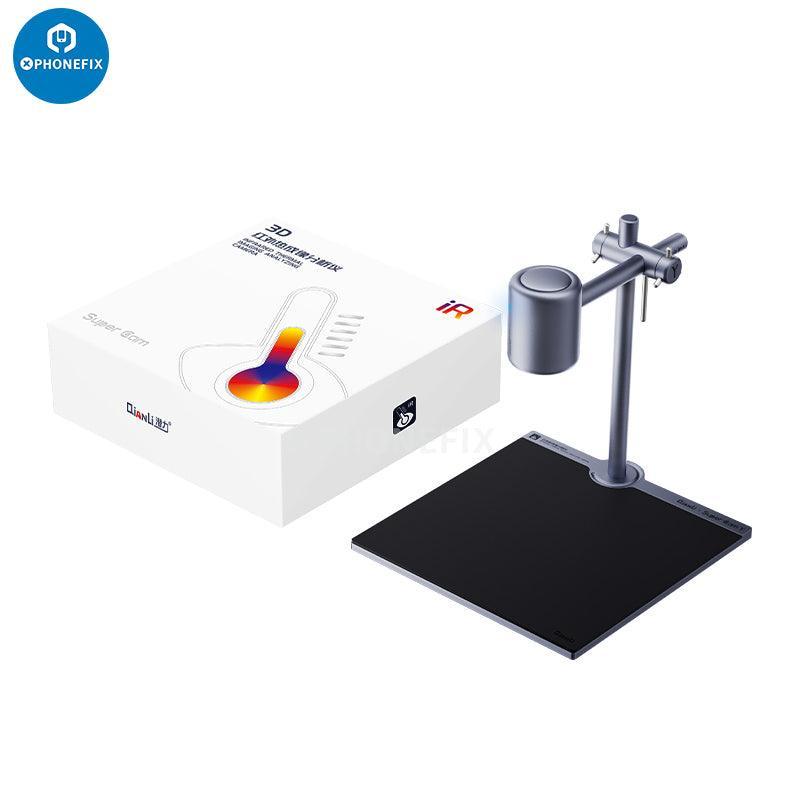 QIANLI SuperCam 3D Thermal Imager Camera for PCB troubleshooting, showing thermal imaging display on electronic circuit board.