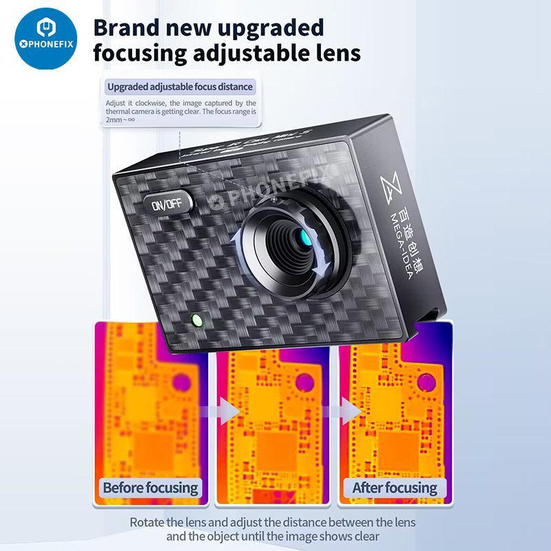 Caméra thermique infrarouge 3D Qianli MEGA-IDEA Super IR Cam 2S avec capteur infrarouge, offrant une vue de face et de côté.