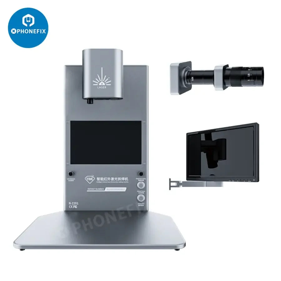 Machine de soudage par démontage laser infrarouge TBK R-2201 avec caméra thermique et écran HD, utilisée pour des tâches de soudage précises.
