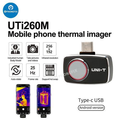 UNI-T Thermal Imager Smart Phone PCB Circuit Test Repair Tool showing thermal imaging on a smartphone circuit board.