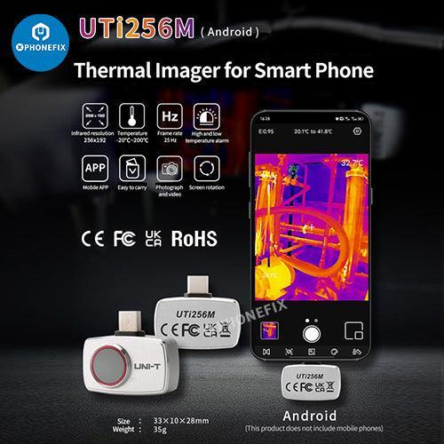 UNI-T Thermal Imager Smart Phone PCB Circuit Test Repair Tool showing thermal imaging camera on a smartphone circuit board.