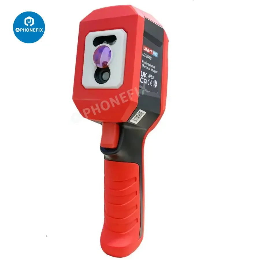 UNI-T UTi260B infrared thermal camera for motherboard repair, showing thermal imaging of electronic components.