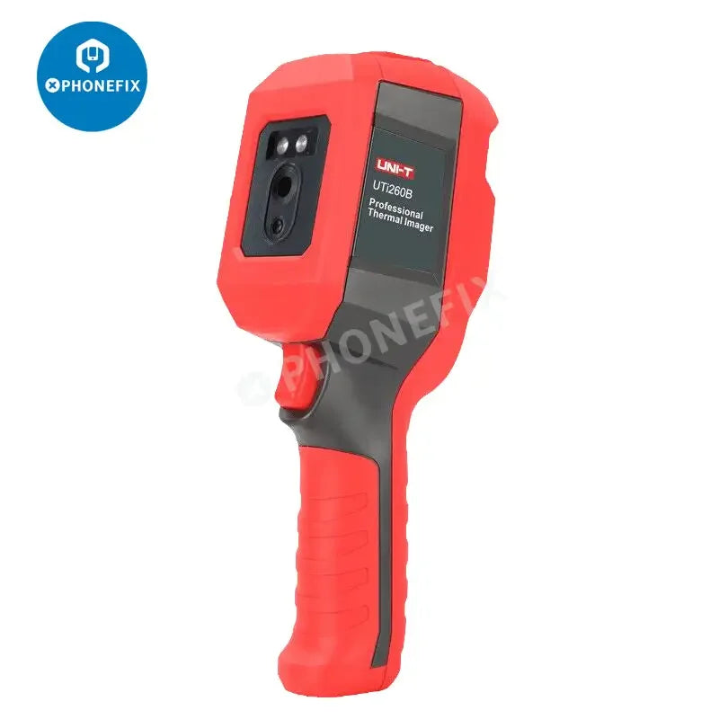 PhoneFix UNI-T UTi260B infrared thermal camera for motherboard repair, showing thermal imaging display of electronic components.