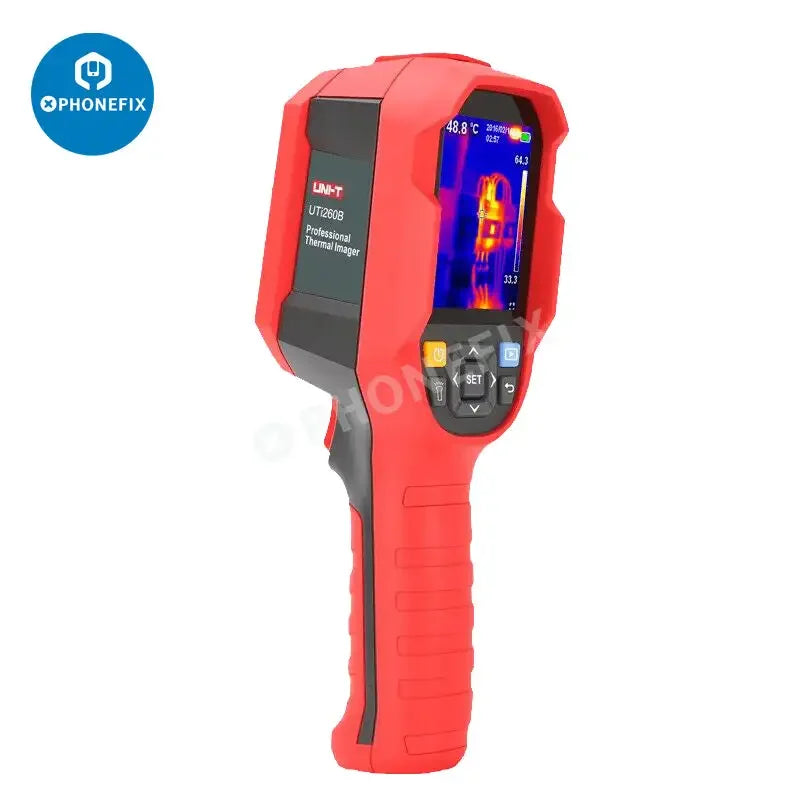 UNI-T UTi260B infrared thermal imaging camera used for motherboard repair, showing thermal heat map on electronic components.