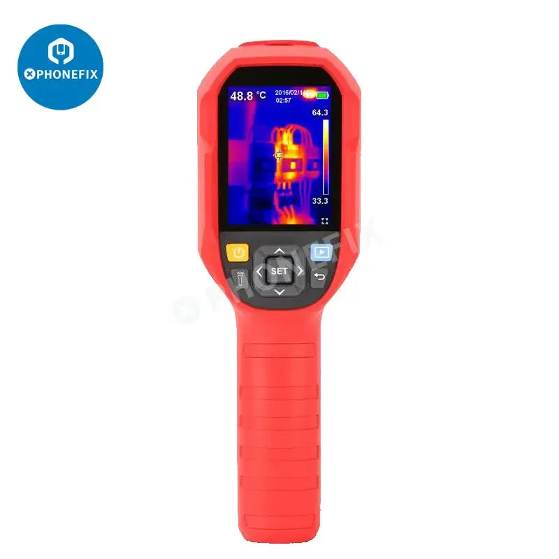 PhoneFix UNI-T UTi260B infrared thermal camera for motherboard repair, showing thermal imaging display on device with heat map details.