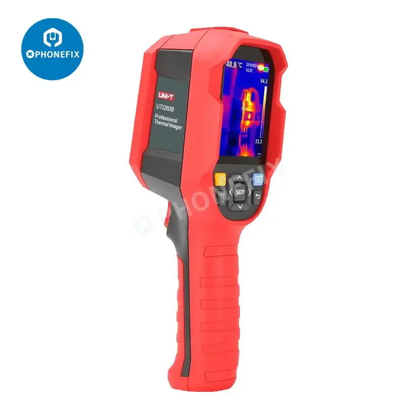 Phonefix UNI-T UTi260B infrared thermal camera for motherboard repair showing thermal imaging of electronic components.