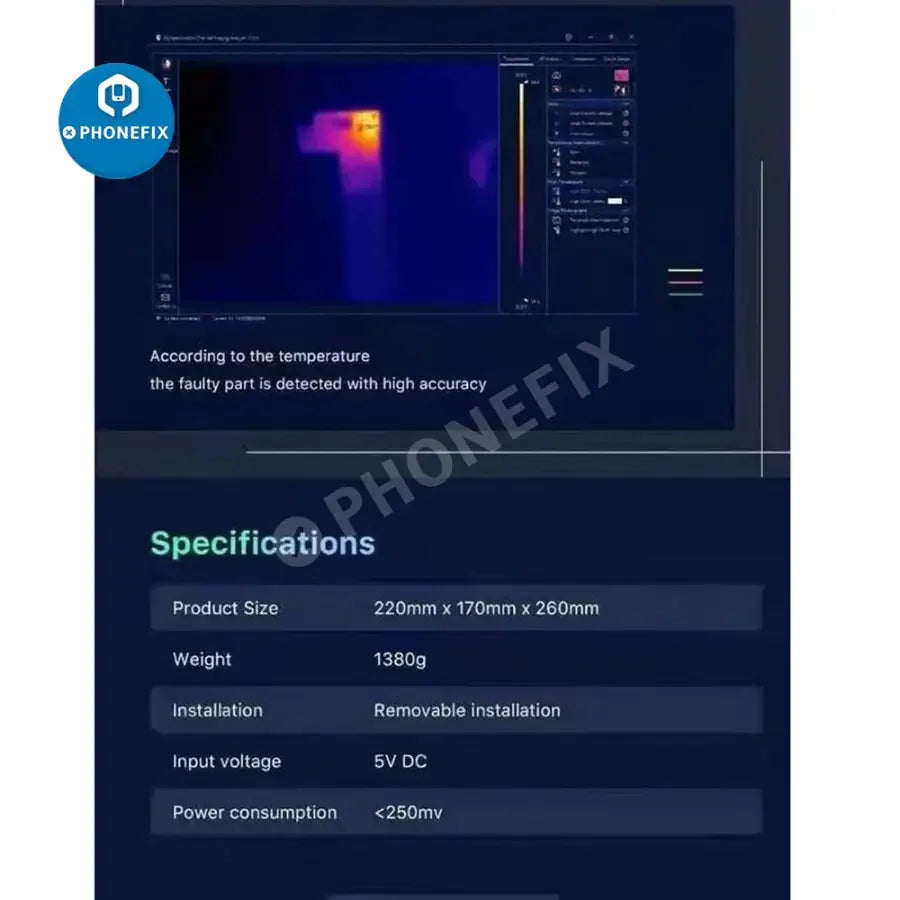 La cámara termográfica infrarroja 3D Z1 de PHONEFIX muestra la detección de fallos en la placa base mediante firmas térmicas e imágenes detalladas.