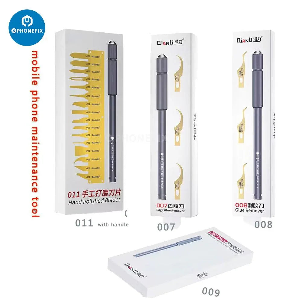 Kit de couteau QianLi Blade IC Pry and Glue Removal pour la réparation de téléphones, comprenant une pince de précision et plusieurs lames de la marque PHONEFIX.
