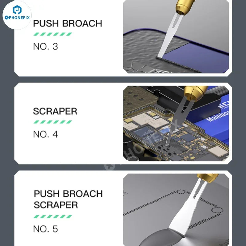 PHONEFIX Mechanic 008 Degumming Blade Set for phone PCB repair, includes tweezers and knife tools for precise electronic work.