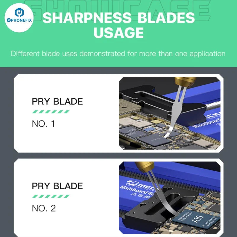 PhoneFix Mechanic 008 degumming blade set with precision tweezers and knife tools for phone PCB repair, featuring fine tips and durable handles.