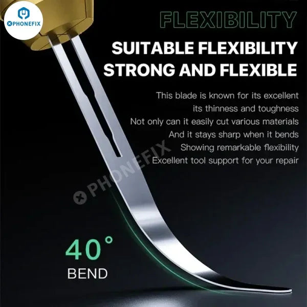 PHONEFIX Mechanic 008 degumming blade set with precision tweezers and knife tools for phone PCB repair, ideal for electronics technicians.