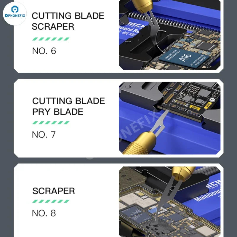 PHONEFIX Mechanic 008 degumming blade set with precision tweezers and knife tools for phone PCB repair, featuring metal handles and blades.