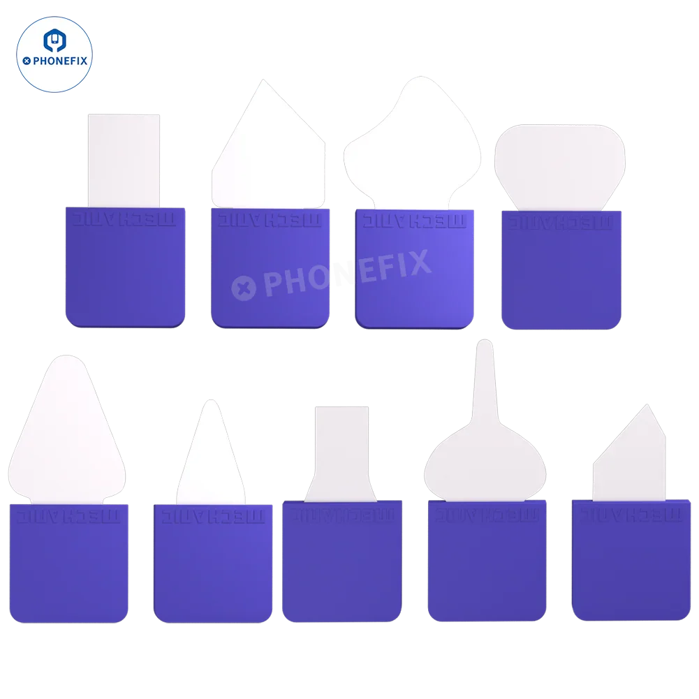 PHONEFIX Mechanic 008 degumming blade set with precision tweezers and knife tools for phone PCB repair, detailed close-up image.