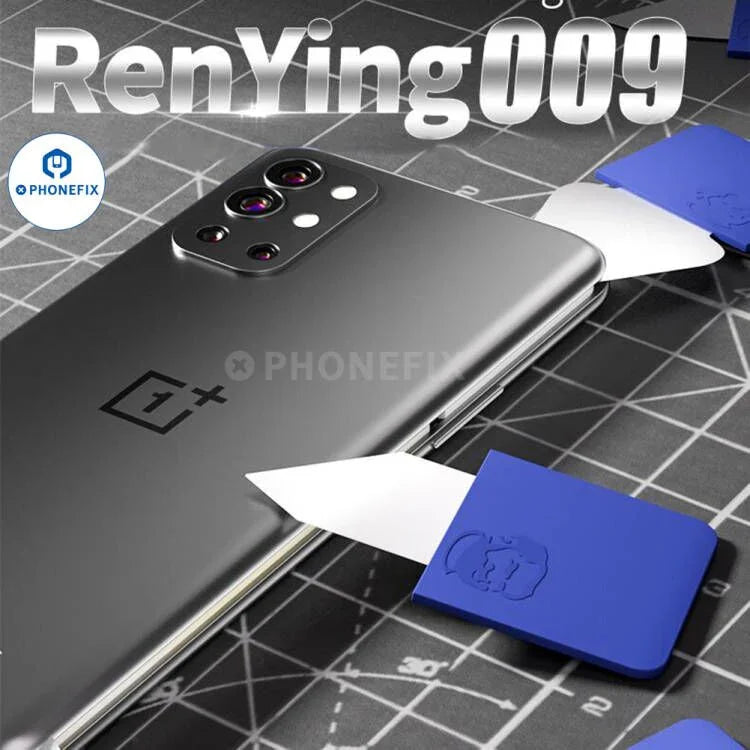 PhoneFIX Mechanic 008 degumming blade set with precision tweezers and knives for phone PCB repair, detailed close-up image.
