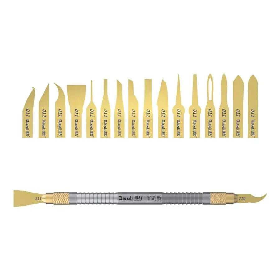 Qianli 011 Hand Polished Blades BGA Glue Removal Tool set with tweezers and knife tools for precise electronics repair.