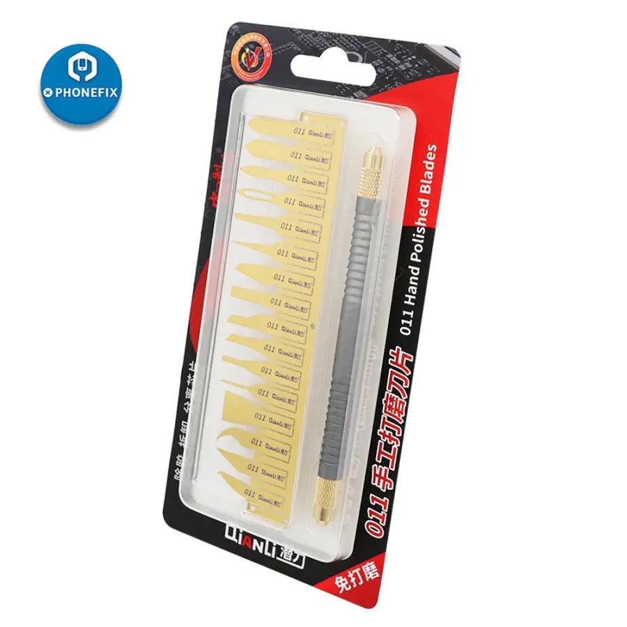 PhoneFix Qianli 011 hand-polished blades BGA glue removal tool, precision tweezers and knife tools for electronics repair.