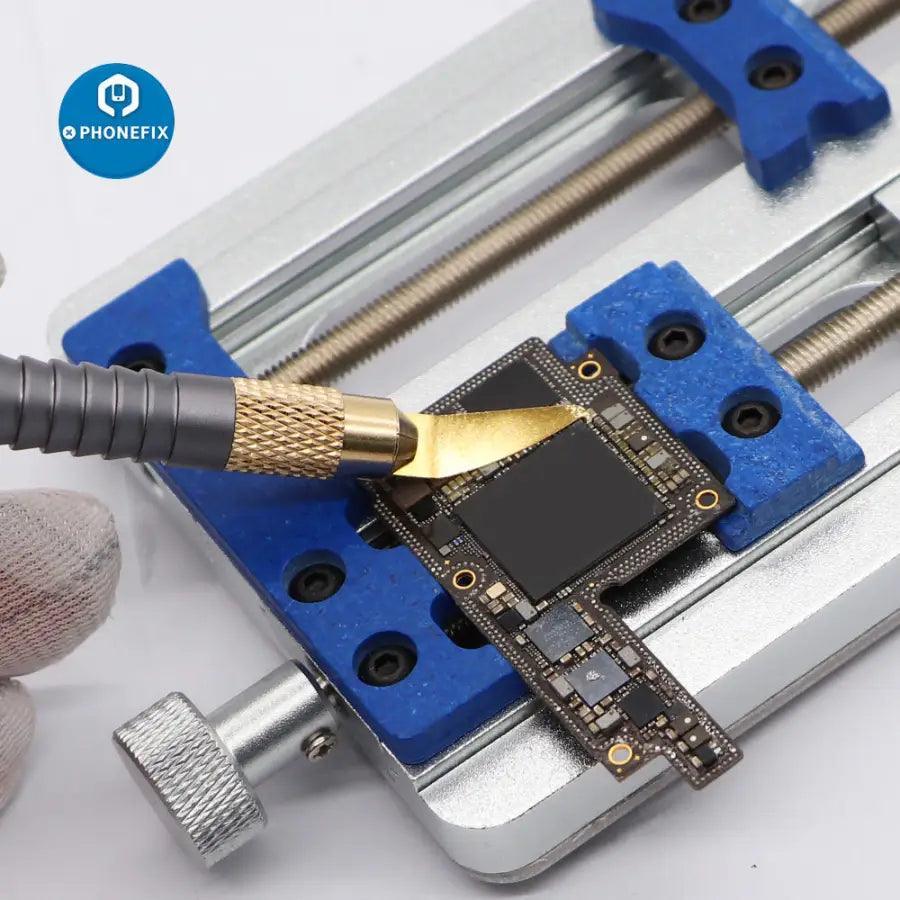 Qianli 011 Hand Polished Blades BGA Glue Removal Tool set with tweezers and knives for precise electronics repair.