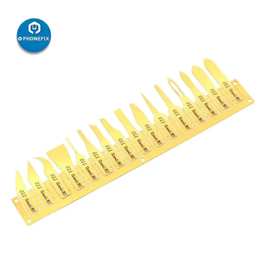 Qianli 011 Hand Polished Blades BGA Glue Removal Tool from PHONEFIX, featuring precision tweezers and knife tools for electronics repair.