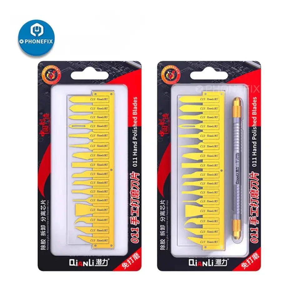 Qianli 011 Hand Polished Blades BGA Glue Removal Tool set with precision tweezers and knife tools for electronics repair by PHONEFIX.