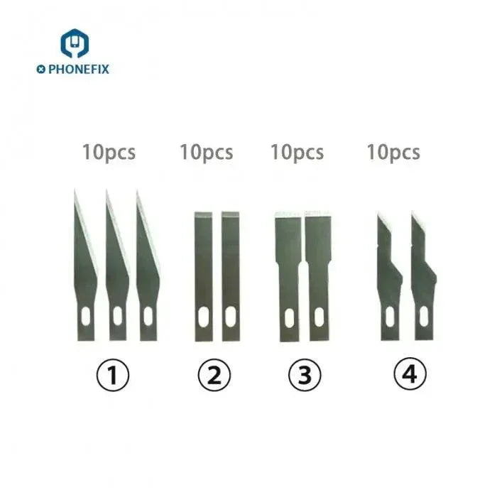 Set of 10 stainless steel blades and carving tools for PCB repair, featuring knife and scraper tools from PHONEFIX.