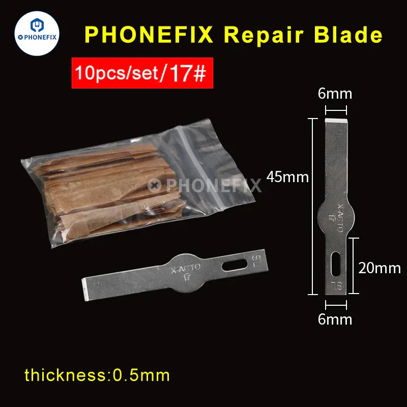 Set of PHONEFIX stainless steel blades and carving tools for PCB repair, scrapers, tweezers, and precision knife work.