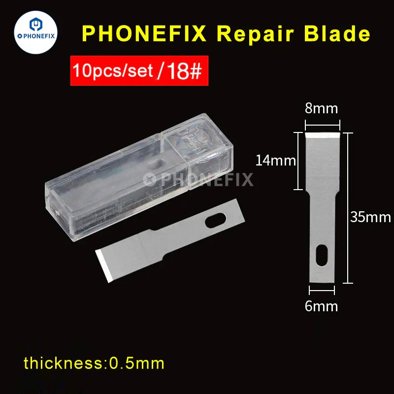 Set of PHONEFIX stainless steel blades and carving tools for PCB repair, featuring precision knives and scrapers for electronics work.