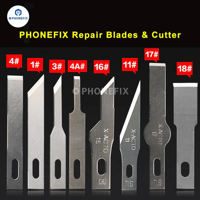 Set of PHONEFIX stainless steel blades and carving tools for PCB repair, scrapers, and precision knife work.