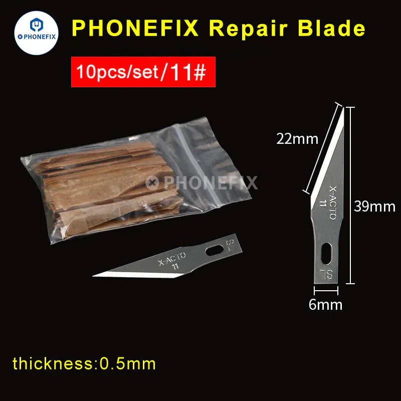 Set of PHONEFIX stainless steel carving knives and PCB repair scrapers with precision blades for electronics repair and detailed work.