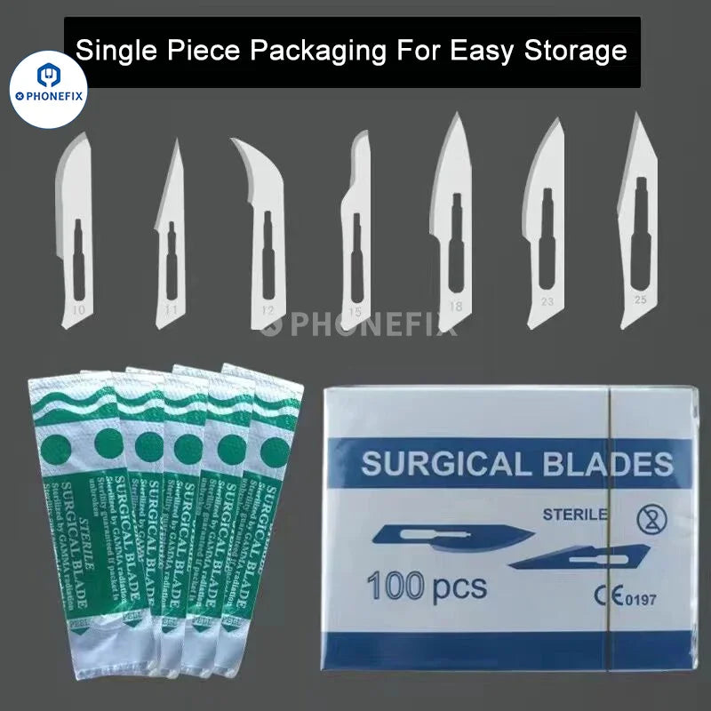 Set of 10 sterile carbon steel scalpel blades with tweezers and knife tools from PHONEFIX for precise surgical or craft use.
