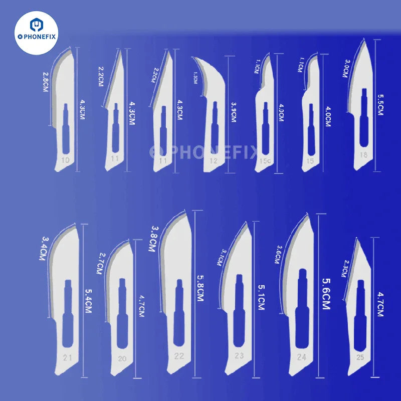 Set of 10 sterile carbon steel scalpel knife blades for precision cutting, designed for medical and surgical use.