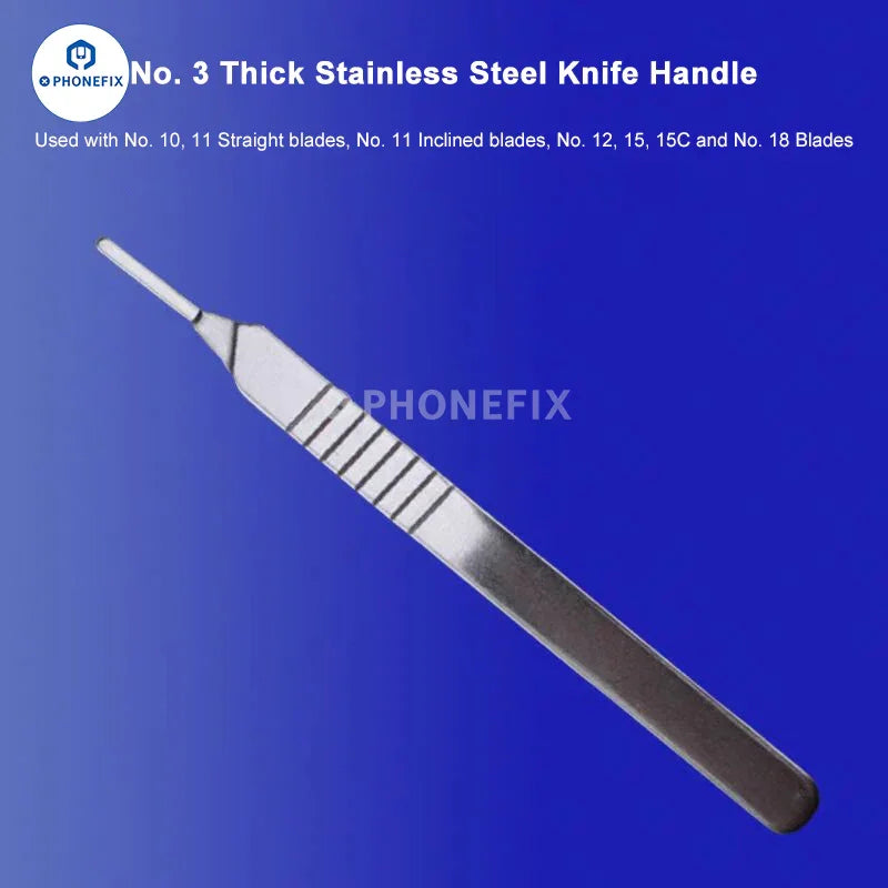 Set of 10 sterile carbon steel scalpel knife blades for precision cutting, compatible with PHONEFIX tweezers and knife tools.
