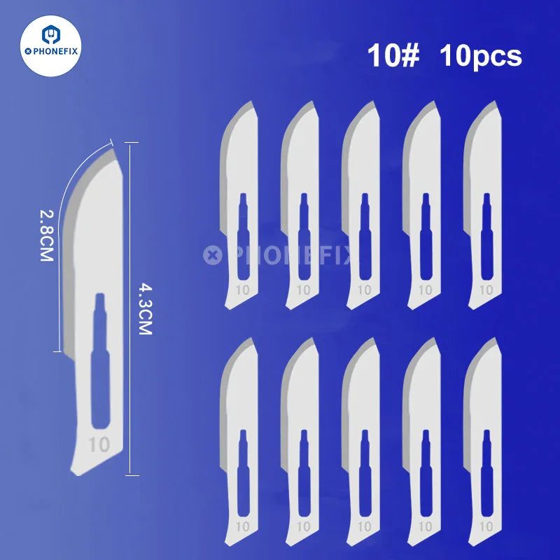 Set of 10 sterile carbon steel scalpel knife blades for precise medical or craft cutting, compatible with PHONEFIX tools.