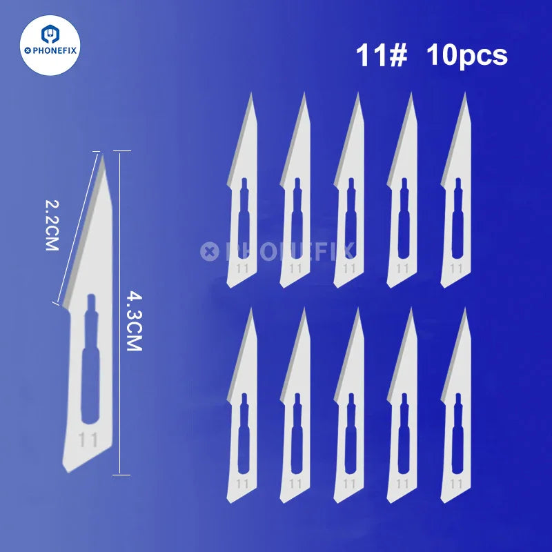 Set of 10 sterile carbon steel scalpel knife blades with tweezers and knife tools from PHONEFIX for precise medical or craft use.