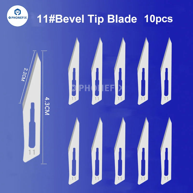 Set of 10 sterile carbon steel scalpel knife blades with tweezers and knife tools from PHONEFIX for precise medical or craft use.