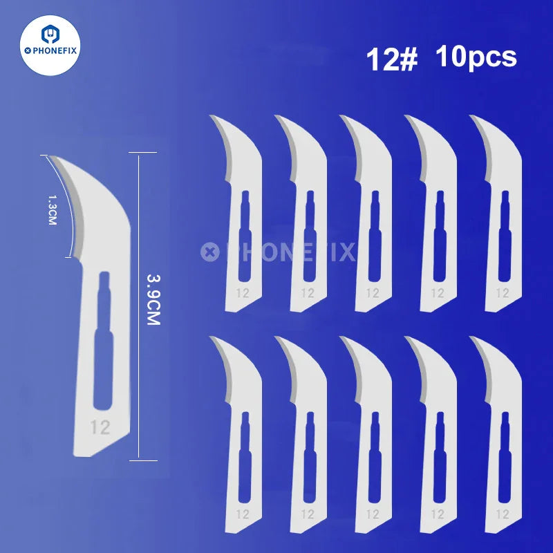 Set of 10 sterile carbon steel scalpel knife blades with tweezers and knife tools by PHONEFIX.