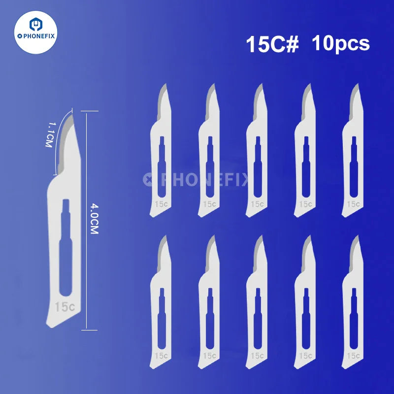 Set of 10 sterile carbon steel scalpel knife blades with tweezers and knife tools by PHONEFIX, ideal for precise surgical or craft use.