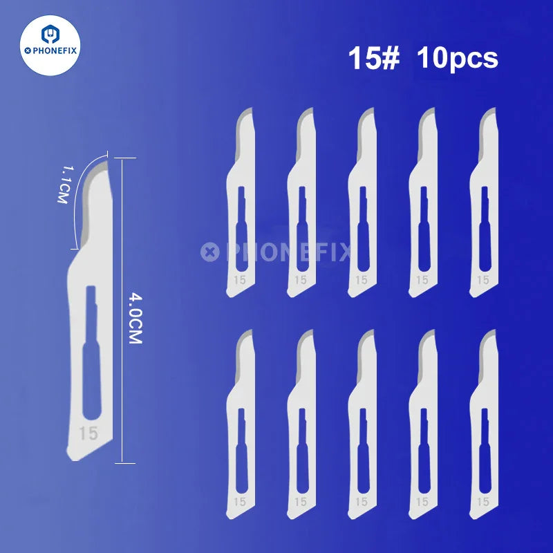 Set of 10 sterile carbon steel scalpel knife blades for precise surgical or craft cutting, compatible with PHONEFIX tweezers and tools.