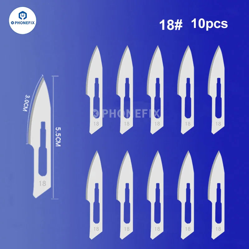 Set of 10 sterile carbon steel scalpel knife blades with tweezers and knife tools by PHONEFIX for precise medical or craft use.