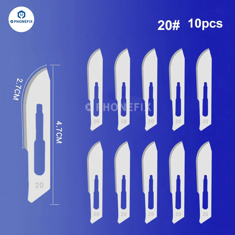 Set of 10 sterile carbon steel scalpel knife blades from PHONEFIX, designed for precision cutting and medical use.