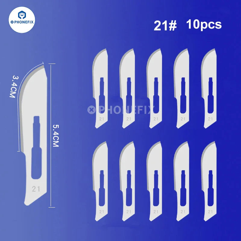 Set of 10 sterile carbon steel scalpel knife blades for precision cutting, compatible with PHONEFIX tweezers and knife tools.