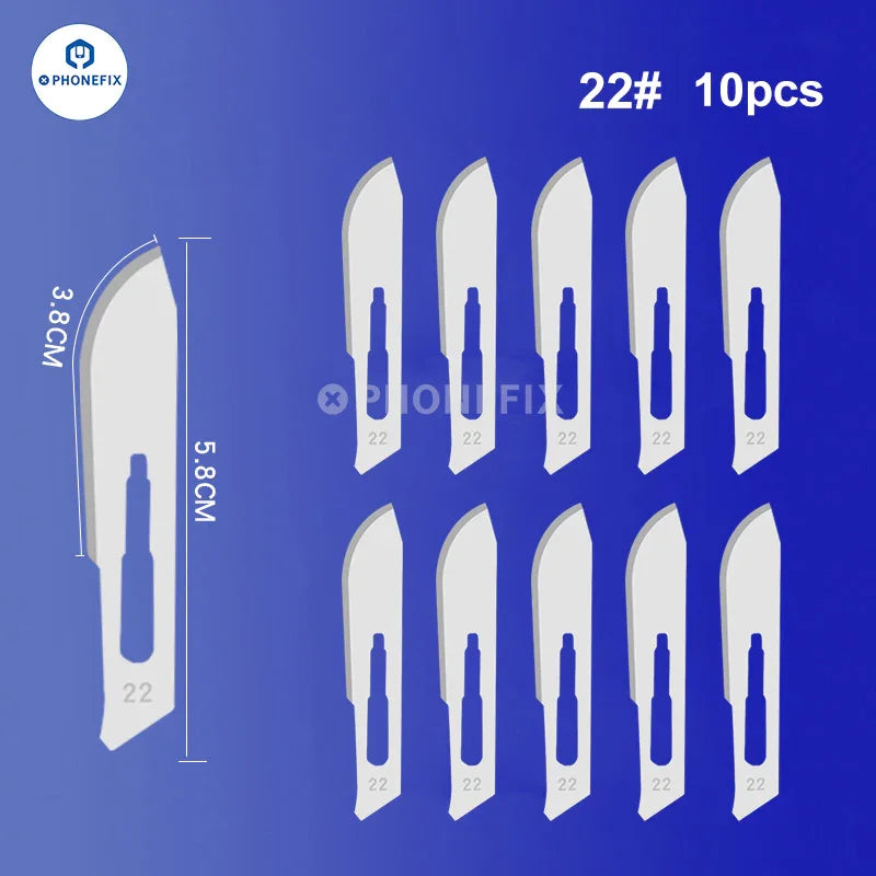 Set of 10 sterile carbon steel scalpel knife blades from PHONEFIX, designed for precise surgical or craft cutting applications.