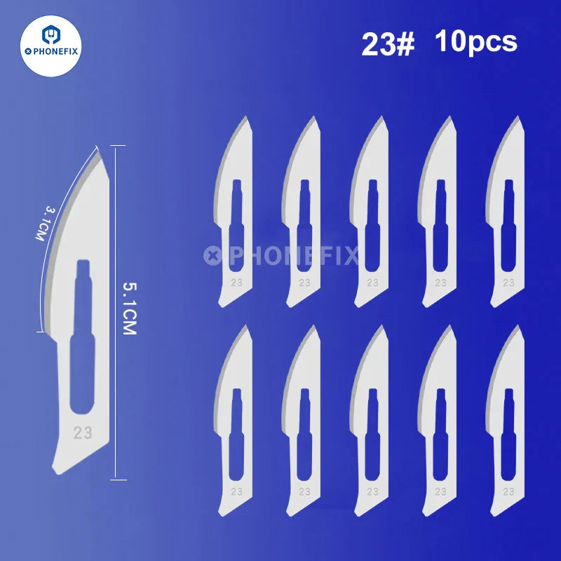Set of 10 sterile carbon steel scalpel knife blades for precision cutting, compatible with PHONEFIX tweezers and knife tools.