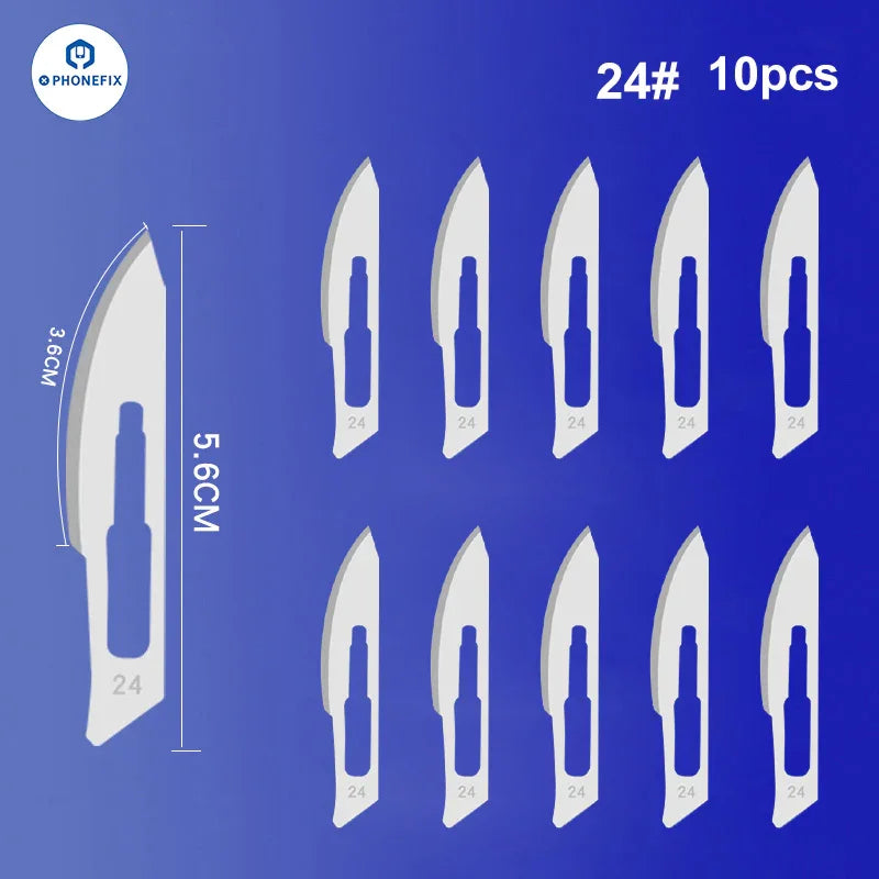 Set of 10 sterile carbon steel scalpel knife blades with tweezers and knife tools, ideal for precise medical or craft use.