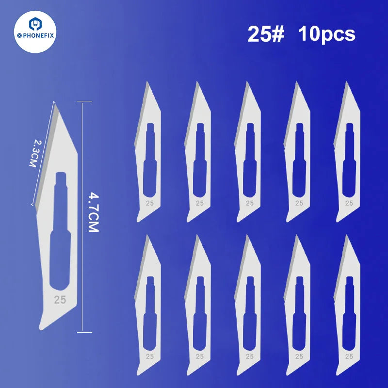 Set of 10 sterile carbon steel scalpel knife blades with tweezers and knife tools, ideal for precise medical or craft use.