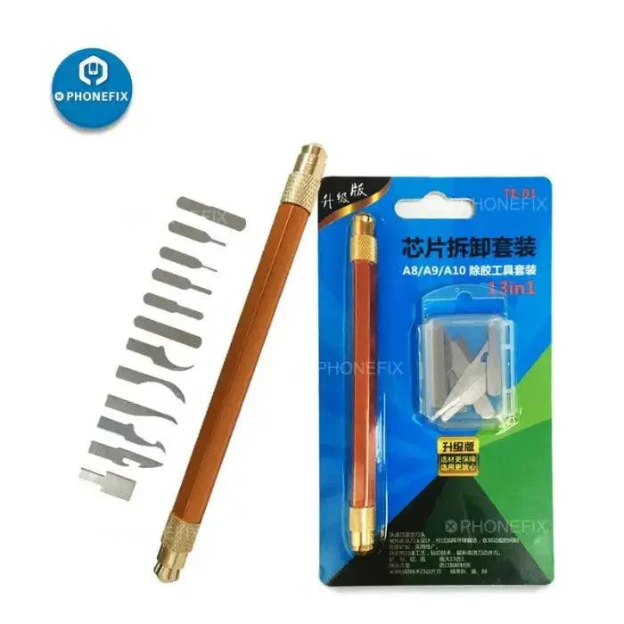 Herramienta PHONEFIX para eliminar adhesivo y remover pegamento de placas de circuito impreso (PCB) para la limpieza de la CPU BGA del iPhone, con pinzas de precisión y cuchilla para la reparación de componentes electrónicos.