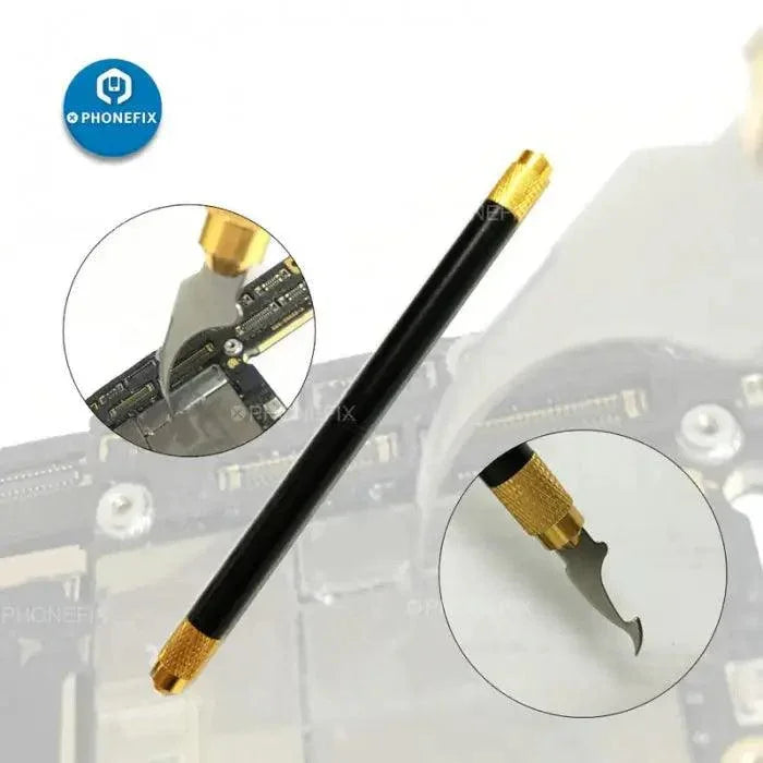 Herramienta PHONEFIX para eliminar adhesivos y raspar placas de circuito impreso (PCB) para la limpieza de la CPU BGA del iPhone, con pinzas y puntas de cuchilla para la reparación de componentes electrónicos.