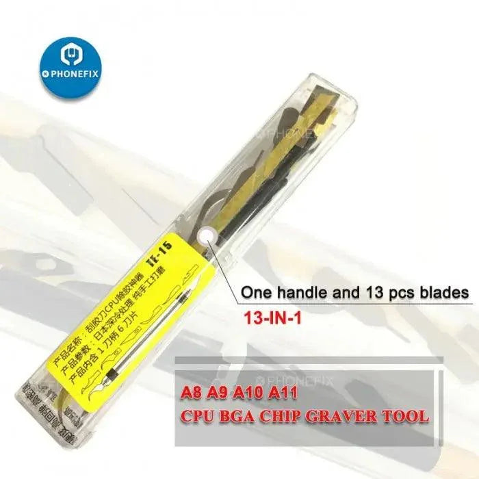 Herramienta PHONEFIX para eliminar adhesivos y raspar placas de circuito impreso (PCB) para la limpieza de la CPU BGA del iPhone, con pinzas y cuchilla.