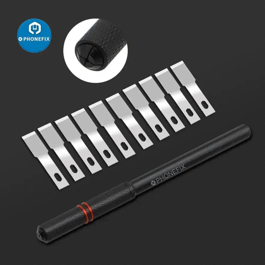 PHONEFIX Face ID Dot Matrix Repair Blade Set with precision tweezers and knife tools for iPhone Face ID repair.
